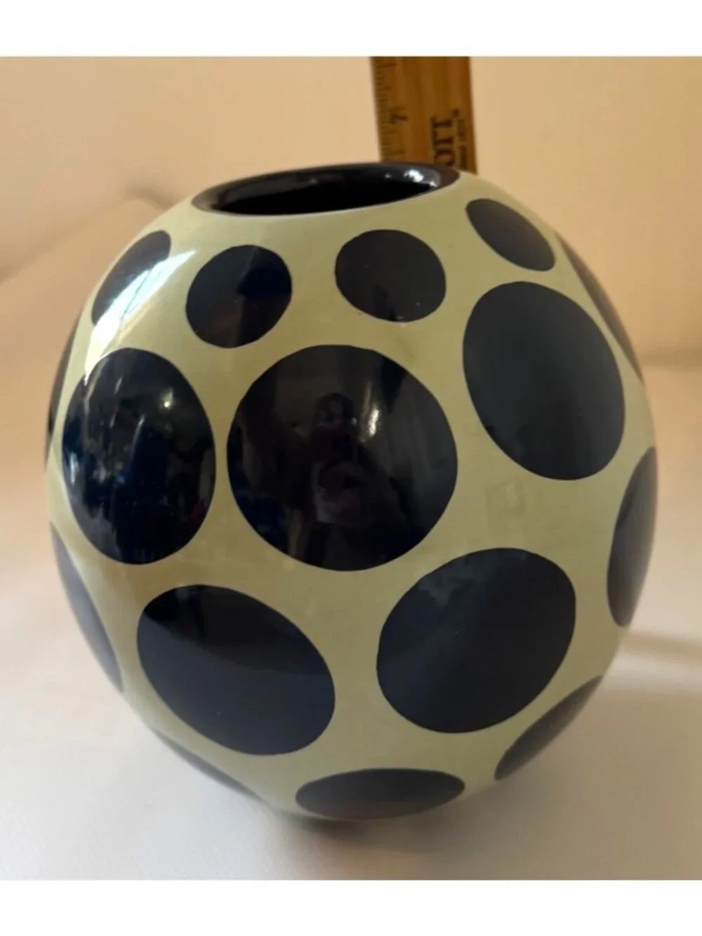 Vintage TOYO Ceramic Globe Vase Navy Blue Polka Dot Orb MCM Pottery 6 1/2